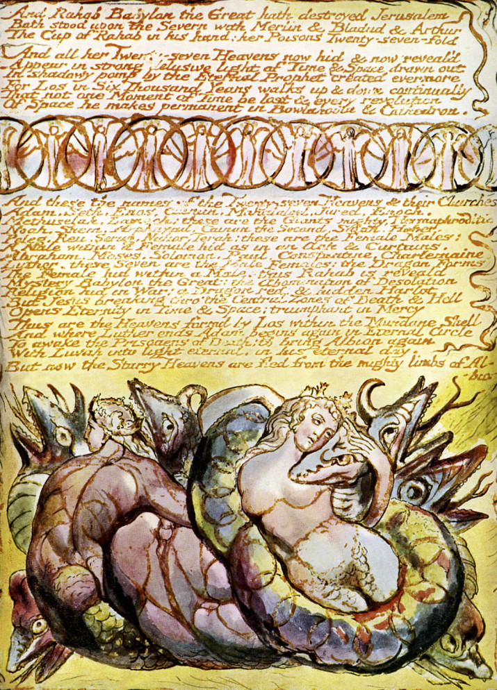 Rahab and Tirzah Embracing Dragons, page 78 of the poem 'Jerusalem' by William Blake, 1804-1820. English poet, painter and printmaker: 28 November 1757  12 August 1827. (Photo by Culture Club/Getty Images) *** Local Caption ***