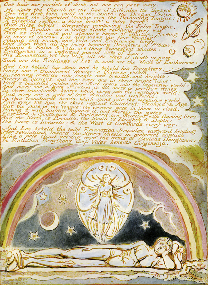 Enitharmon hovering over the sleeping Los, from page 14 of the poem 'Jerusalem' by William Blake, 1804-1820. English poet, painter and printmaker: 28 November 1757  12 August 1827. (Photo by Culture Club/Getty Images) *** Local Caption ***