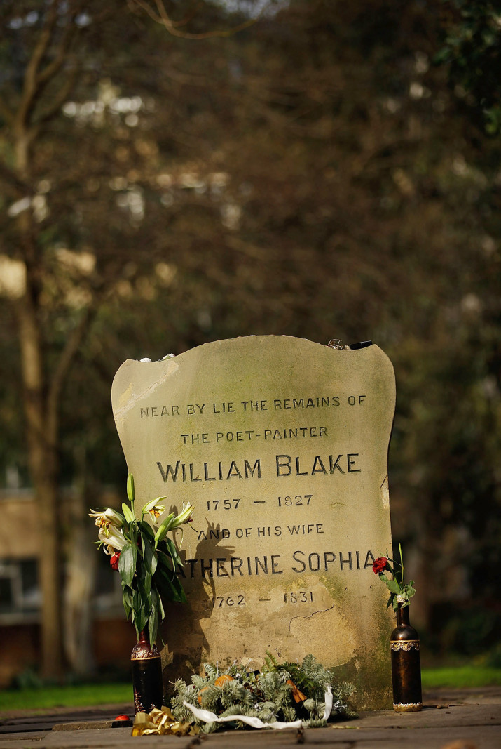 LONDON, ENGLAND - FEBRUARY 24: The headstone and memorial for the poet and painter William Blake in the Bunhill Fields cemetery, which has been awarded Grade 1 listed status on February 24, 2011 in Islington, London, England. The cemetery, located close to the heart of the City of London is notable for containing the graves of many noncomformists and other notable people. (Photo by Matthew Lloyd/Getty Images)