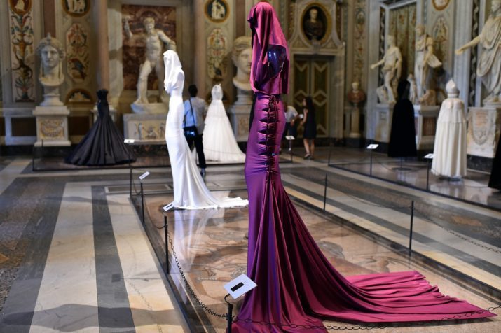 A creation by Tunisian-born, Paris-based couturier Azzedine Alaia is displayed during the press preview of the exhibition " Azzedine Alaia's soft sculpture" at the Galleria Borghese in Rome on July 10, 2015. The exhibition will run from July 11 to October 25, 2015. Visitors can see Alaia's work displayed in the middle of the permanent collection of scluptures and furnitures of the Villa Borghese.  AFP PHOTO / GABRIEL BOUYS = RESTRICTED TO EDITORIAL USE, MANDATORY MENTION OF THE ARTIST UPON PUBLICATION, TO ILLUSTRATE THE EVENT AS SPECIFIED IN THE CAPTION =        (Photo credit should read GABRIEL BOUYS/AFP/Getty Images)